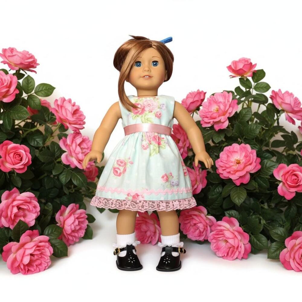 Floral Cotton Doll Dress for 18 Inch Dolls Mint Green, Pink Roses, Vintage Style
